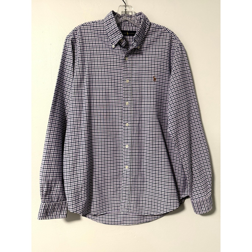 Ralph Lauren Mens Large Gingham Button Down‎ Shirt Purple Navy Check 100% Cotton